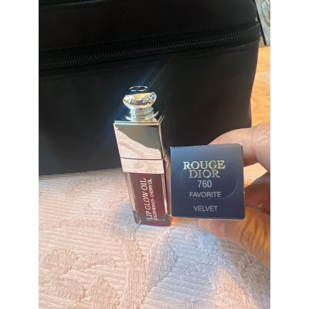 Dior Bundle-Black Vanity Case Rouge Dior 760 Lipstick & Lip Glow Oil Cherry Set